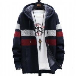 Miesten Neulepuserot Raidallinen Fleece Lämmin Vetoketjullinen Hupullinen Neule