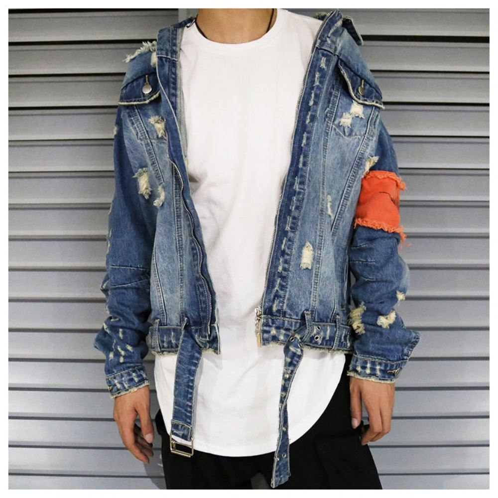 Farkkutakit Miesten Revitty Nauha Distressed Denim Takki