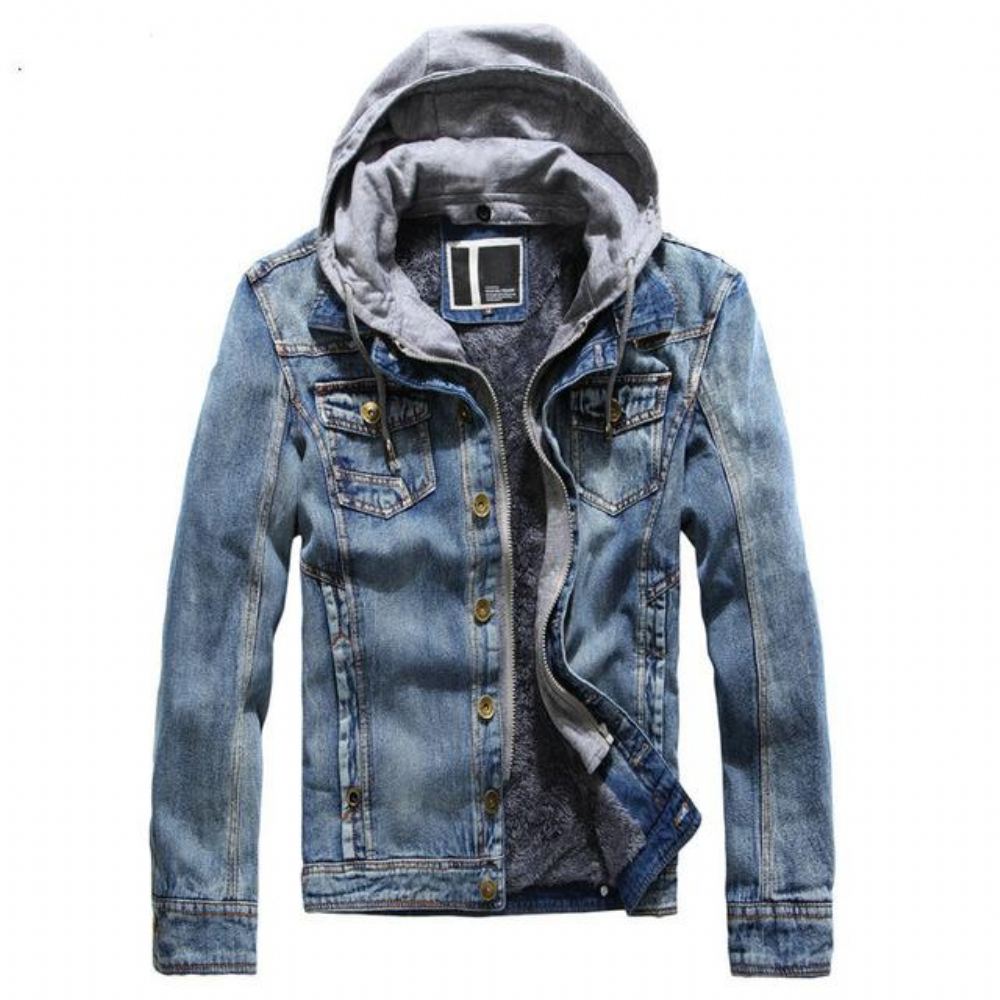 Miesten Farkkutakit Talvi Denim Hupullinen Takki