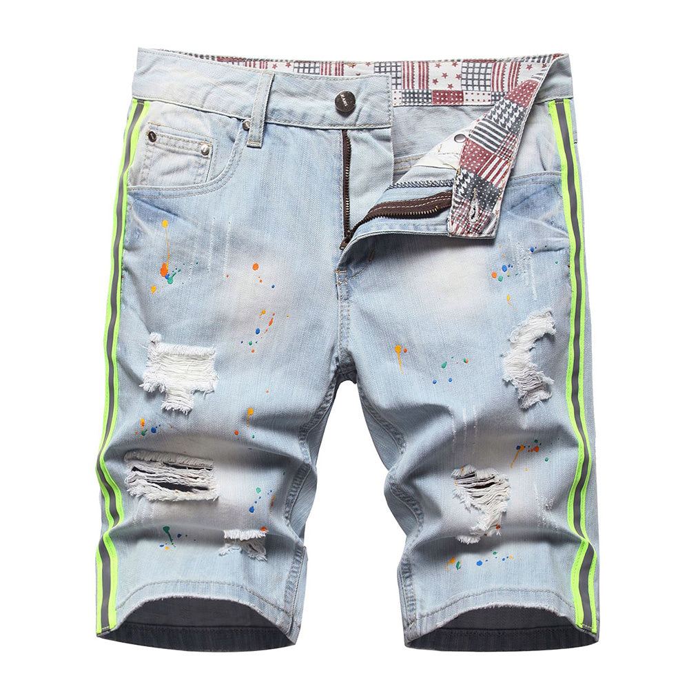 Miesten Shortsit Neon Side Stripe Maalattu Reikiä Revitty Distressed Farkut Lyhyt